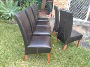 6 x tall-back, dark brown, PU-leather dining chairs