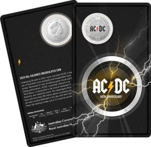 Australia 2023 AC/DC 50c cent 50th Anniversary Coloured Coin on card, 