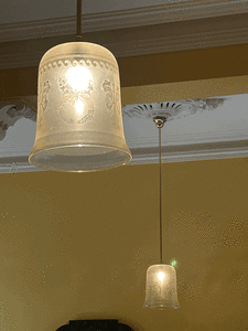 2 original Victorian etched glass light fittings with 1m brass rods