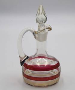 VINTAGE RUBY RED GLASS CRUET & STOPPER WITH GOLD ENAMELING TRIM