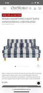 Bondi Hamptons denim and cream stripe 2 seater couch