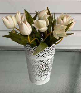 CREAM TULPS IN CUT-OUT DECORATED POT