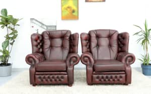FREE DELIVERY-GENUINE LEATHER CHESTERFIELD PAIR OF ARMCHAIRS