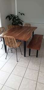 Timber dining table 4 chairs and matching bench seat