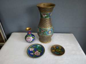 vintage chinese cloisonne enamel floral vase plates read description