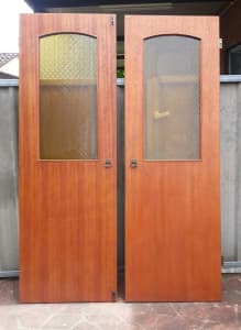 Pair x Vintage Internal Swing Doors w Decorative Amber Glass Panels