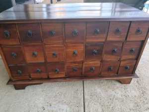 Vintage bespoke solid jarrah coffee table with charming drawers 
