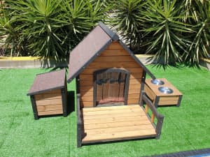 Outdoor Kennel Large Big Pet Dog House Wooden Home Timber Bowls Extra