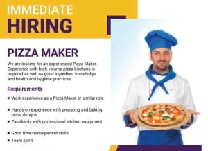 Position Available- “Experienced Pizza Maker/Kitchen Hand