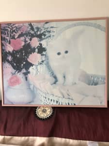 White Kitten In The Basket with Roses in Vase Wall Art, 50x40cm