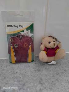 Brisbane Broncos baggage tag and teddy bear keyring - $4 each
