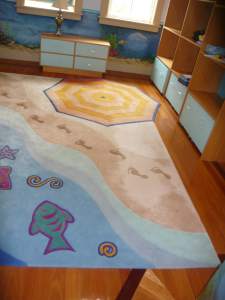 Stunning bright childrens room floor rug. Beach motif. Wool 3600 sq