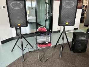 Behringer speakers , stands, mixer and microphone plus cables