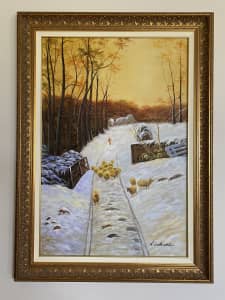 Snow scene oil painting. Gold frame