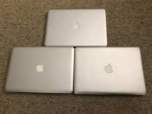 3 x13 inch Apple Mac Book Pro laptops-need battery, good for parts!