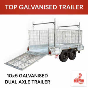 10x5 Tandem Trailer, 1.5m Ramp, Ladder Racks, Spare Tyre, 900mm Cage