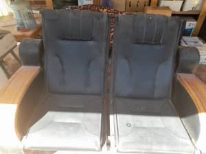 Vintage CINEMA ROOM ARM CHAIR 2 Seater Black Leather Timber Rests Rare