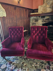 Two Charming Red Velvet Fireside Armchairs