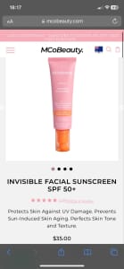 NEW MCO Beauty Invisible Facial Sunscreen