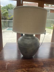 Brass look ceramic vase- linen shade lamp