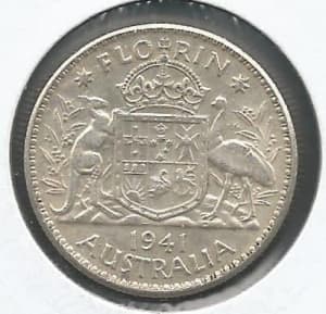 1941 Australia KG VI One Florin Two Shillings Coin. 