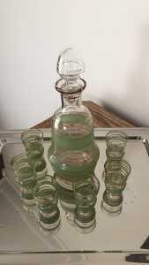 Vintage Green and Gold Glass Decanter & 6 glasses