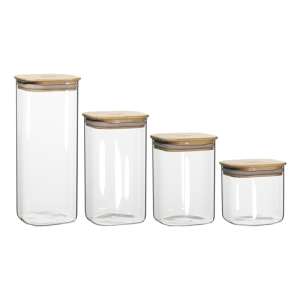 Set of 4 glass canisters bamboo lid unused new in box kitchen storage