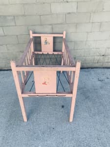 Cute old mid century pink dolly cot bed w spring base transfers