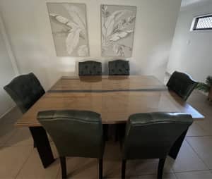 Green Resin Table and 6 Seat Green Leather Dining Chairs