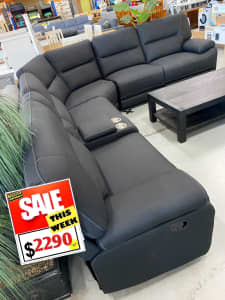 NEW IN BOXES!! Charcoal SUPER SUEDE corner lounge with 3 recliners!!