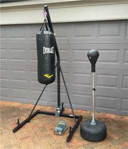 Boxing stand and bag, free standing strike bag, boxing gloves.