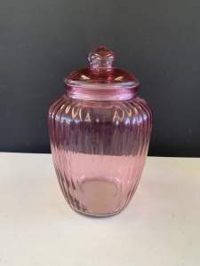 Pink Glass Jar with lid. 25cm High. Perfect condition.