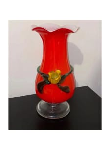 Decorative Red Glass Vase Yellow Flower Home Decor Vintage Display