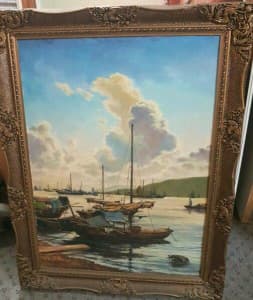 VINTAGE H. Cheng- Boats in Harbour Oil Painting in Frame