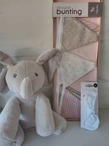 Elephant (Baby GUND) Sings and Ears Move, Designer Bunting and Baby He