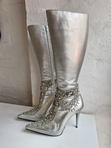 Metallic Bling Silver Pointed Toe Leather Taylor Swift Boots Sz 38