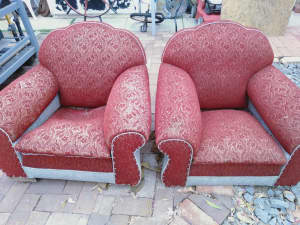 2 antique red fabric lounge chairs
