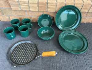 Enamel Camping Plates, Bowls, Mugs & Small Round Cast Iron Griddle