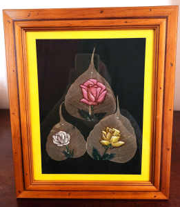 Indian Oil Painting - Framed Peepal Leaf - Roses on Sacred Fig leaf.