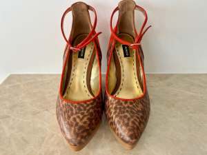 Shoes Mimco: Leather Animal Print / Rust Orange Suede Wedges Size AU 6