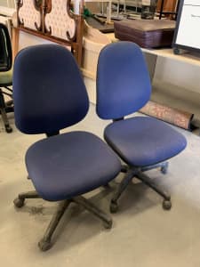 2x blue and black high back swivel office chairs