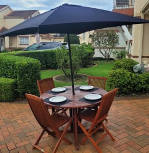 Outdoor Teak Table & Chairs & new Umbrella