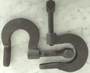 PAIR Antique Cast Iron 2-inch G-Clamps - Heavy Duty Screw Type Tool