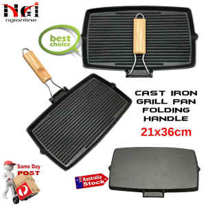 CAST IRON GRILL FRYING PAN FOLDING WOODEN HANDLE NO COATING COOKWARE
