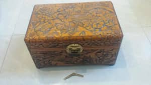 Chinese chest wood carved small with lock. $100-