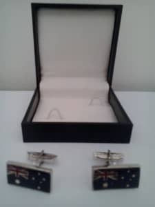 Cufflinks, displaying Australian flag plus various collectable items