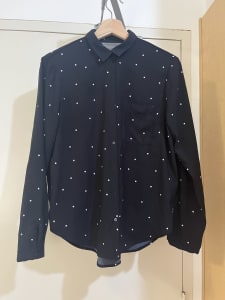 Zara Basic Small Black Polka Dot Long Sleeve Shirt Pocket Back Cutout