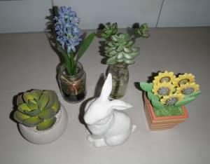4 Artificial Plants in Containers & 1 White Ceramic Rabbit