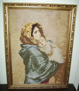 *FREE* LARGE ANTIQUE FRAMED MADONNA & CHILD CROSS-STITCH (with faults)