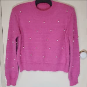 Unknown Label Retro/Vintage Pink Mohair Blend Knit Jumper Bead Detail 